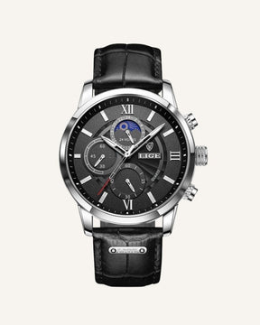 St. Martin Co Dark Dial Moonphase Chronograph, Brown Leather — detail view