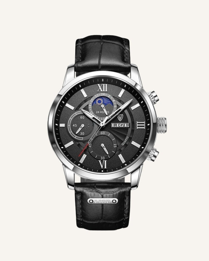 St. Martin Co Dark Dial Moonphase Chronograph, Brown Leather — detail view