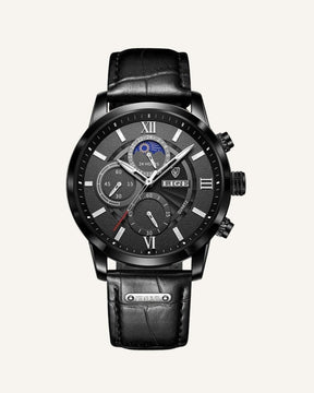 St. Martin Co Dark Dial Moonphase Chronograph, Brown Leather — detail view