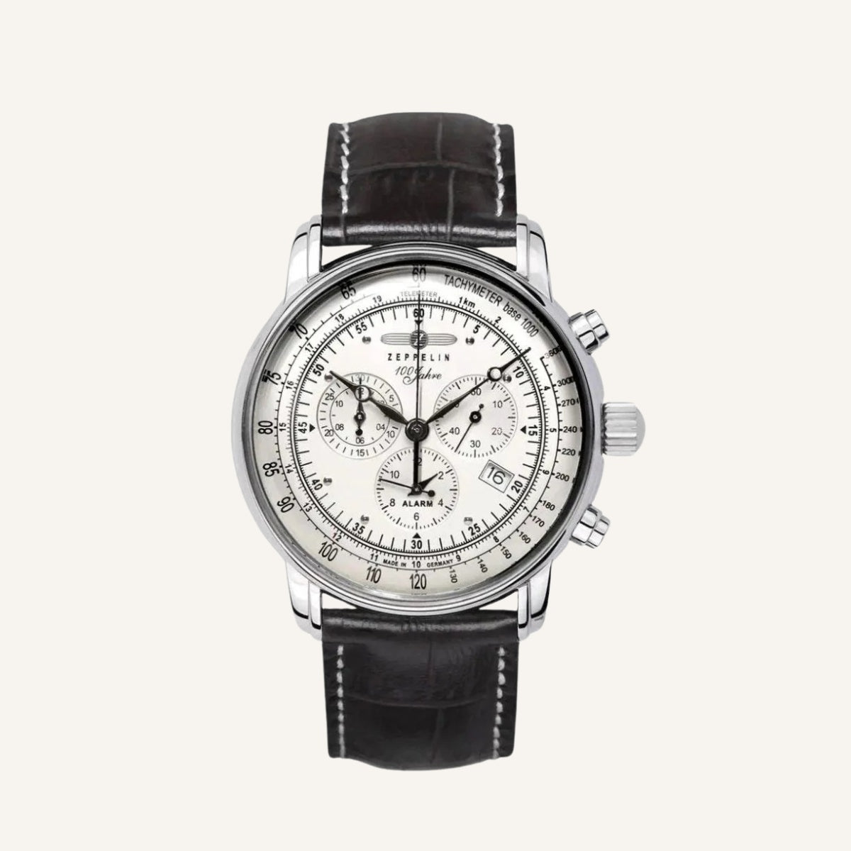 St. Martin Co Chronograph Alarm Watch Ivory Dial Dark Strap — front view