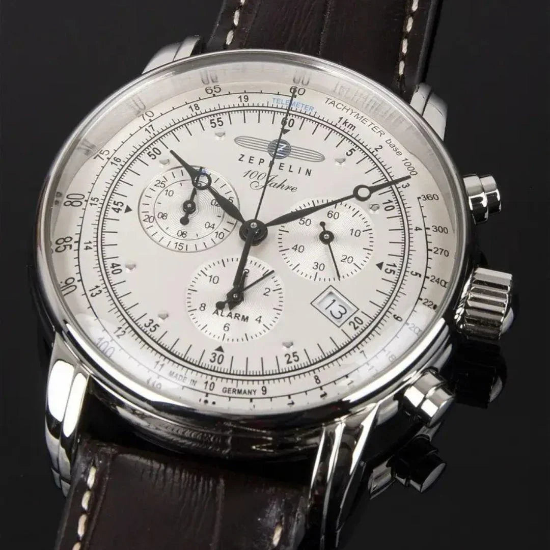 St. Martin Co Chronograph Alarm Watch Ivory Dial Dark Strap — back view