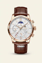 St. Martin Co Dark Dial Moonphase Chronograph, Brown Leather — detail view
