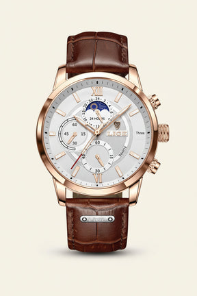 St. Martin Co Dark Dial Moonphase Chronograph, Brown Leather — detail view