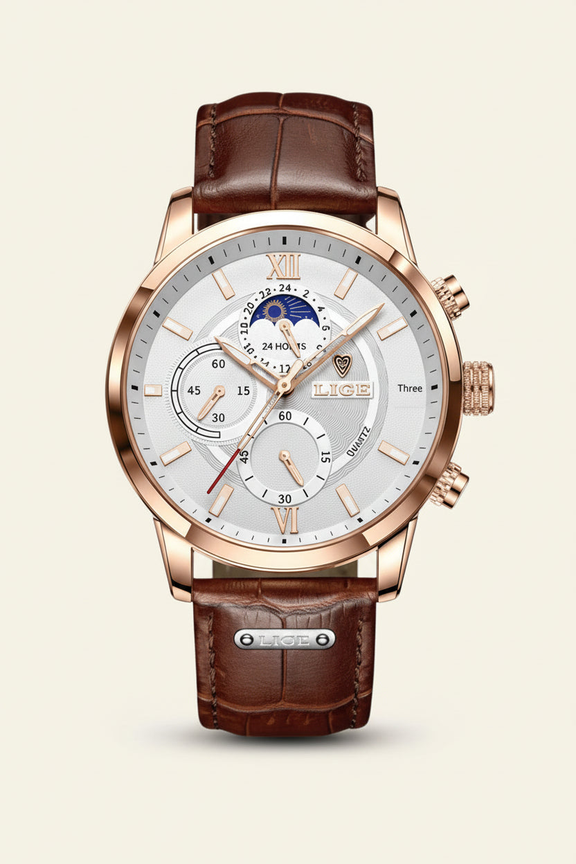 St. Martin Co Dark Dial Moonphase Chronograph, Brown Leather — detail view
