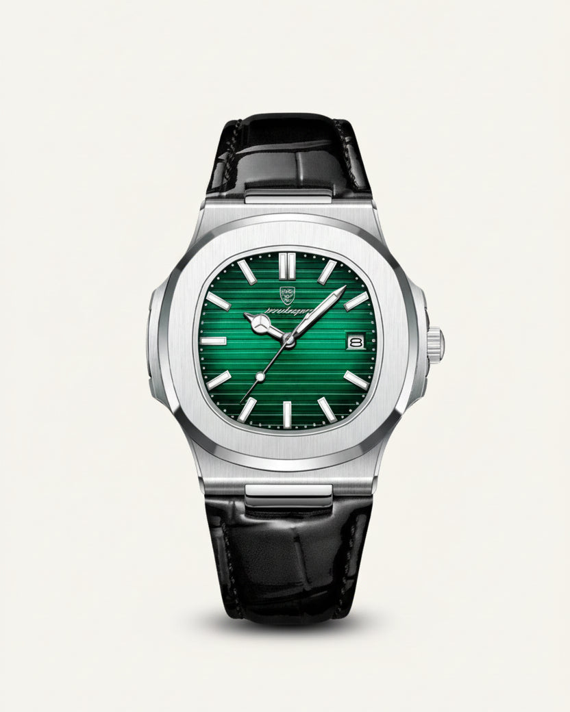 St. Martin Co Brushed Steel Watch Dark Dial Integrated Bracelet — detail view