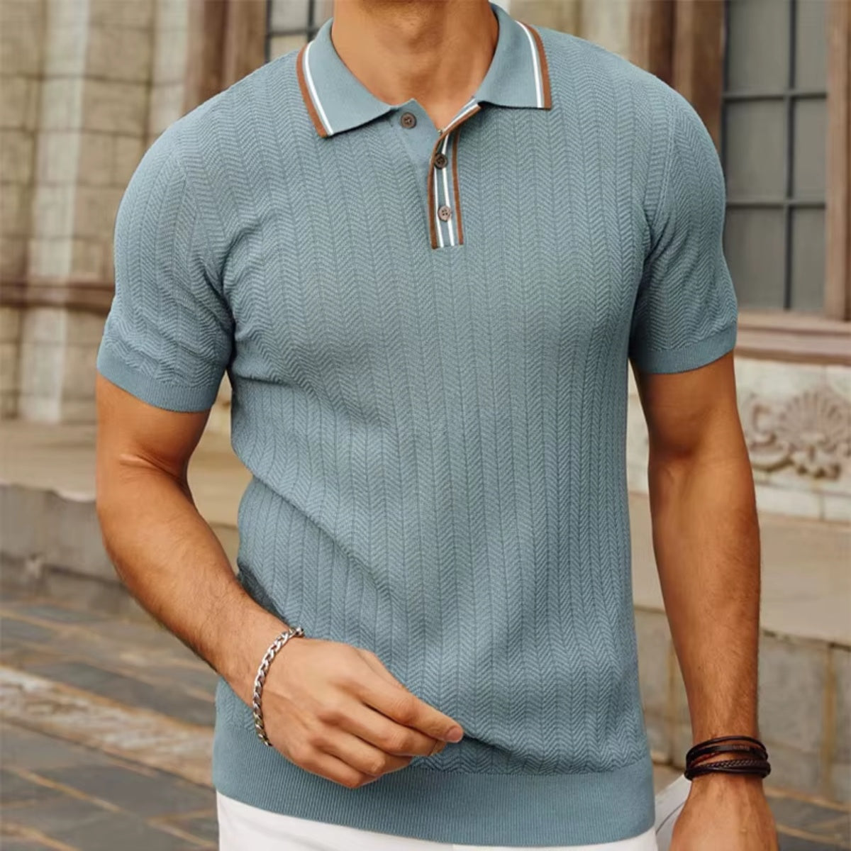 St. Martin Co Slate Blue Herringbone Knit Polo — back view