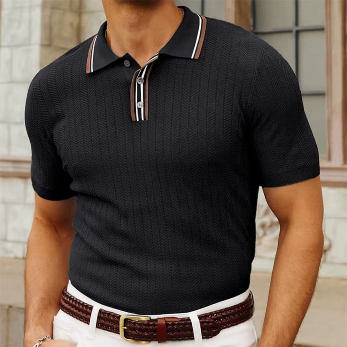 St. Martin Co Slate Blue Herringbone Knit Polo — detail view