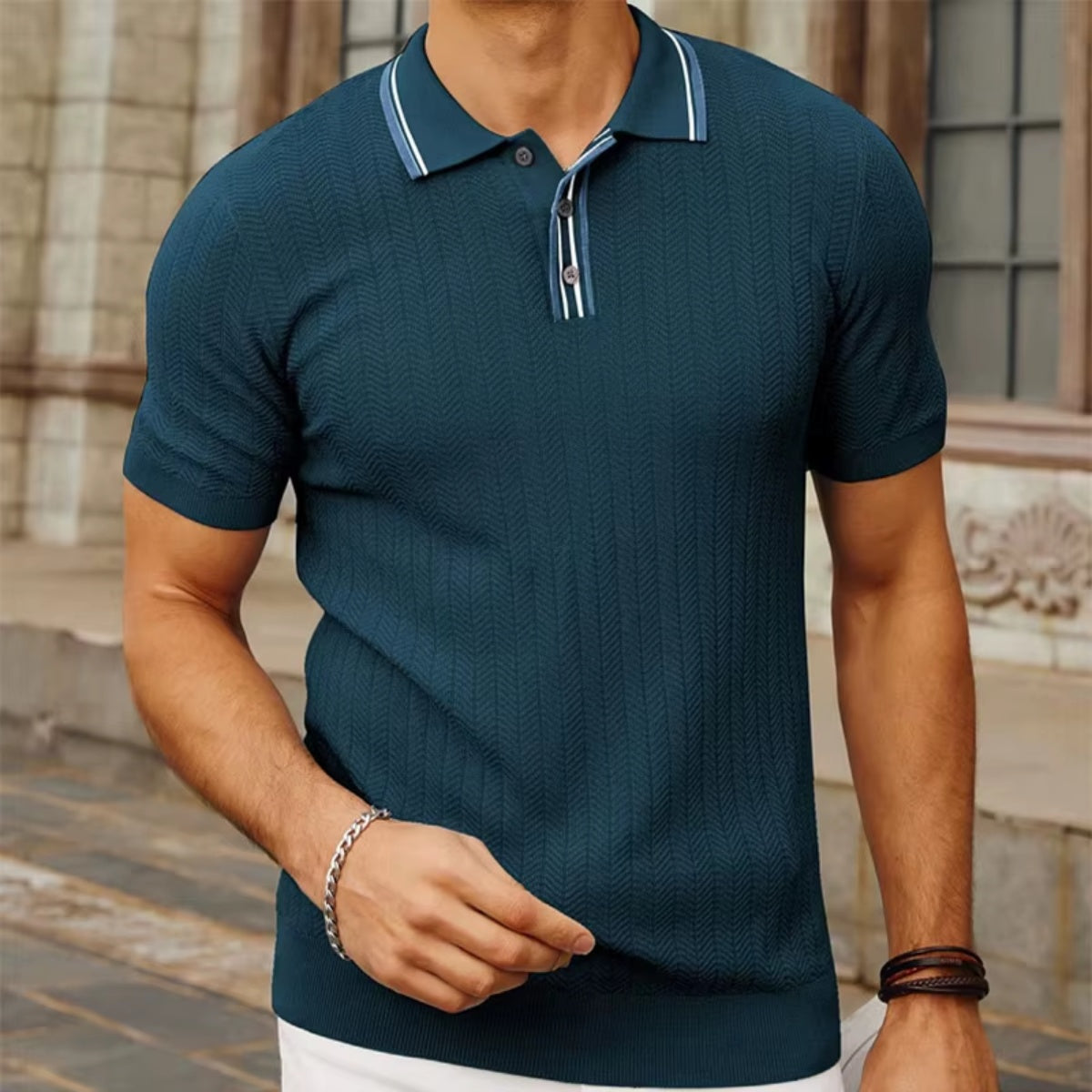 St. Martin Co Slate Blue Herringbone Knit Polo — lifestyle view