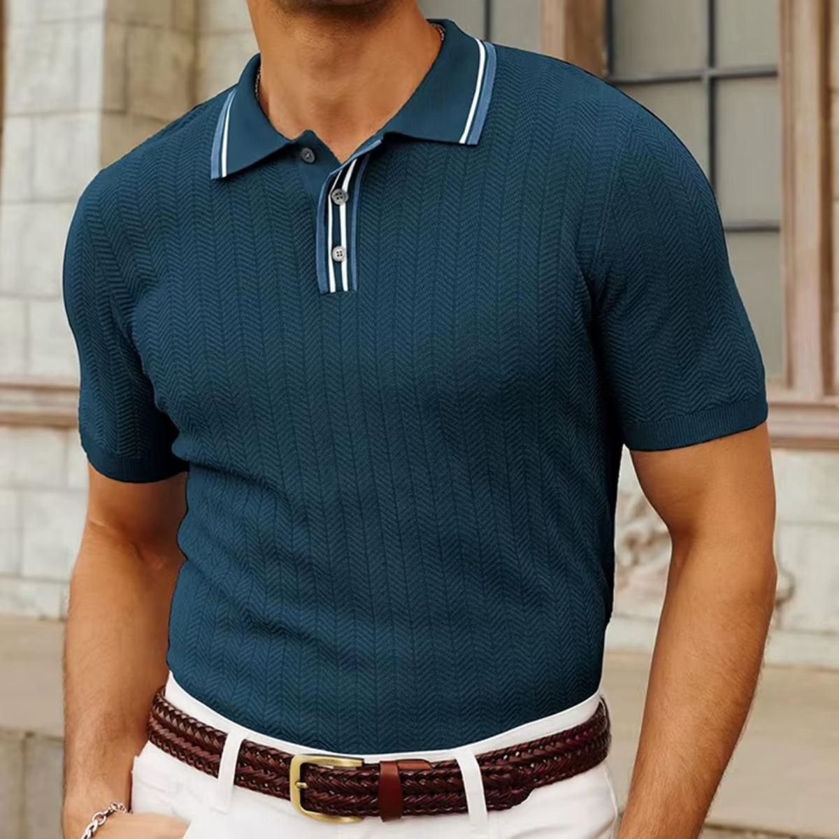 St. Martin Co Slate Blue Herringbone Knit Polo — detail view