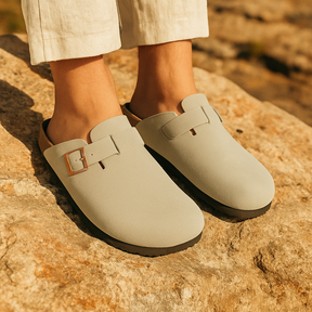 St. Martin Co Taupe Suede Buckle Clog Mule — detail view