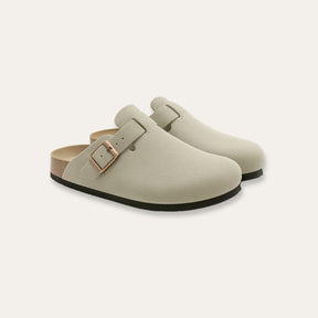 St. Martin Co Taupe Suede Buckle Clog Mule — side view