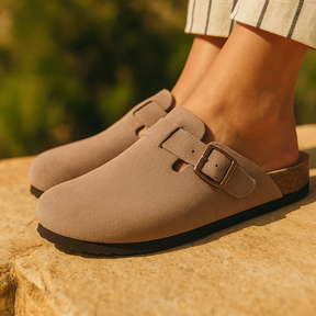 St. Martin Co Taupe Suede Buckle Clog Mule — detail view