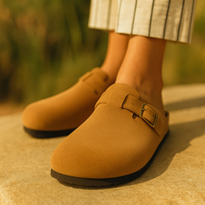 St. Martin Co Taupe Suede Buckle Clog Mule — back view