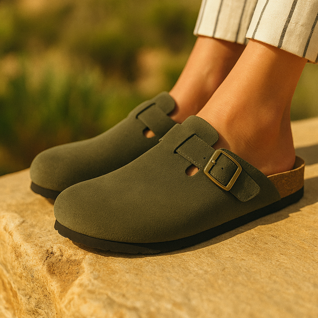 St. Martin Co Taupe Suede Buckle Clog Mule — detail view