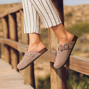 St. Martin Co Taupe Suede Buckle Clog Mule — detail view