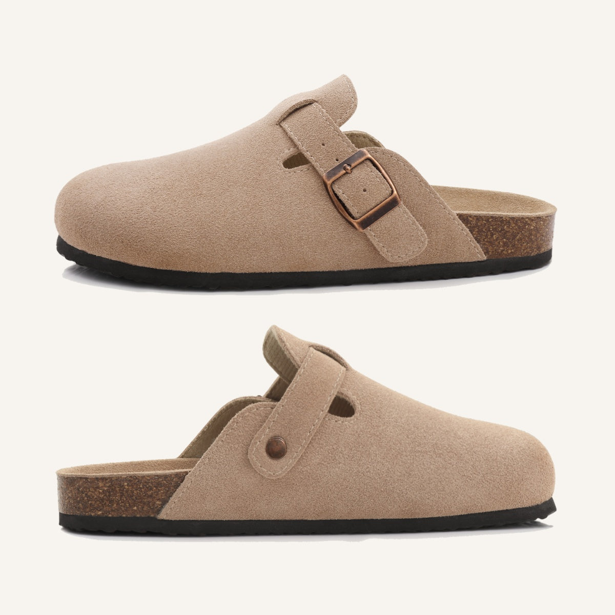 St. Martin Co Taupe Suede Buckle Clog Mule — detail view