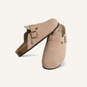 St. Martin Co Taupe Suede Buckle Clog Mule — detail view
