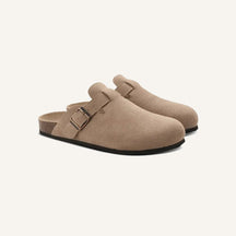 St. Martin Co Taupe Suede Buckle Clog Mule — front view