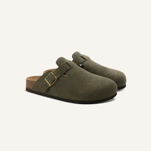 St. Martin Co Taupe Suede Buckle Clog Mule — detail view
