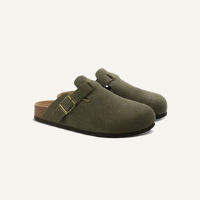 St. Martin Co Taupe Suede Buckle Clog Mule — detail view
