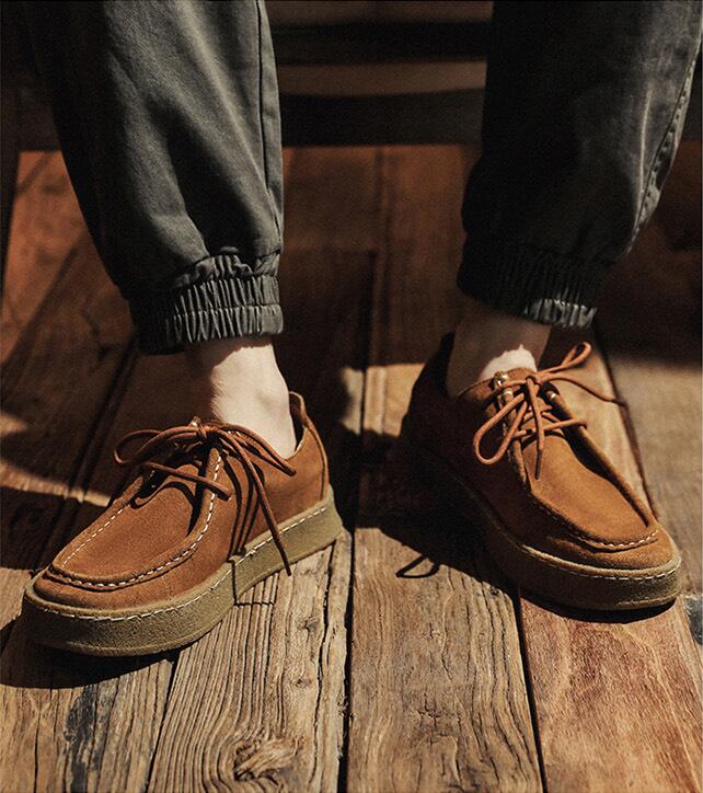 St. Martin Co Tan Suede Moccasin Crepe Sole Derby — detail view