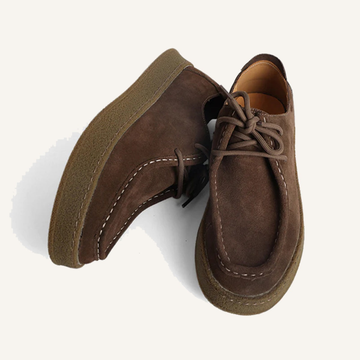 St. Martin Co Tan Suede Moccasin Crepe Sole Derby — detail view