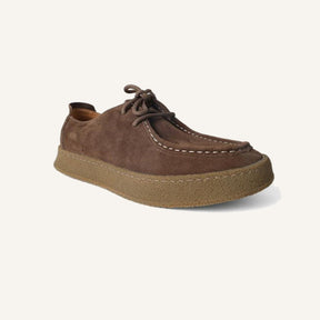 St. Martin Co Tan Suede Moccasin Crepe Sole Derby — detail view
