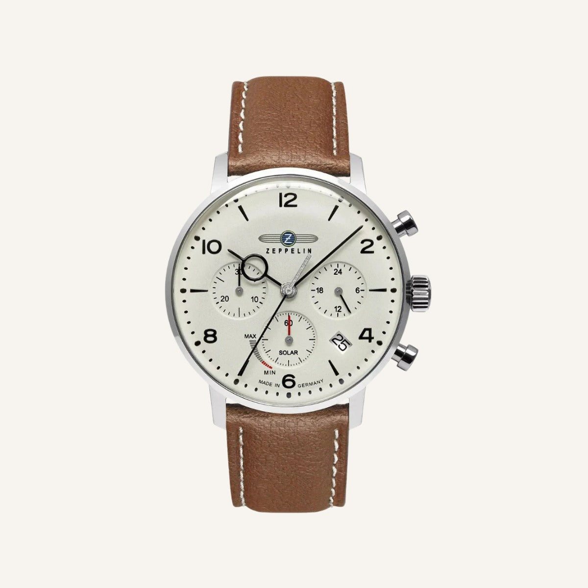 St. Martin Co Ivory Dial Chronograph on Tan Leather — front view
