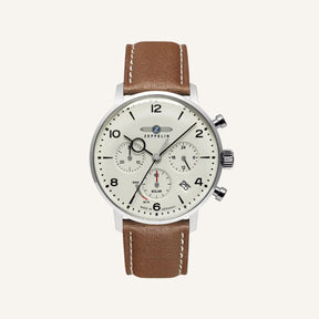 St. Martin Co Ivory Dial Chronograph on Tan Leather — front view
