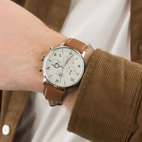 St. Martin Co Ivory Dial Chronograph on Tan Leather — side view