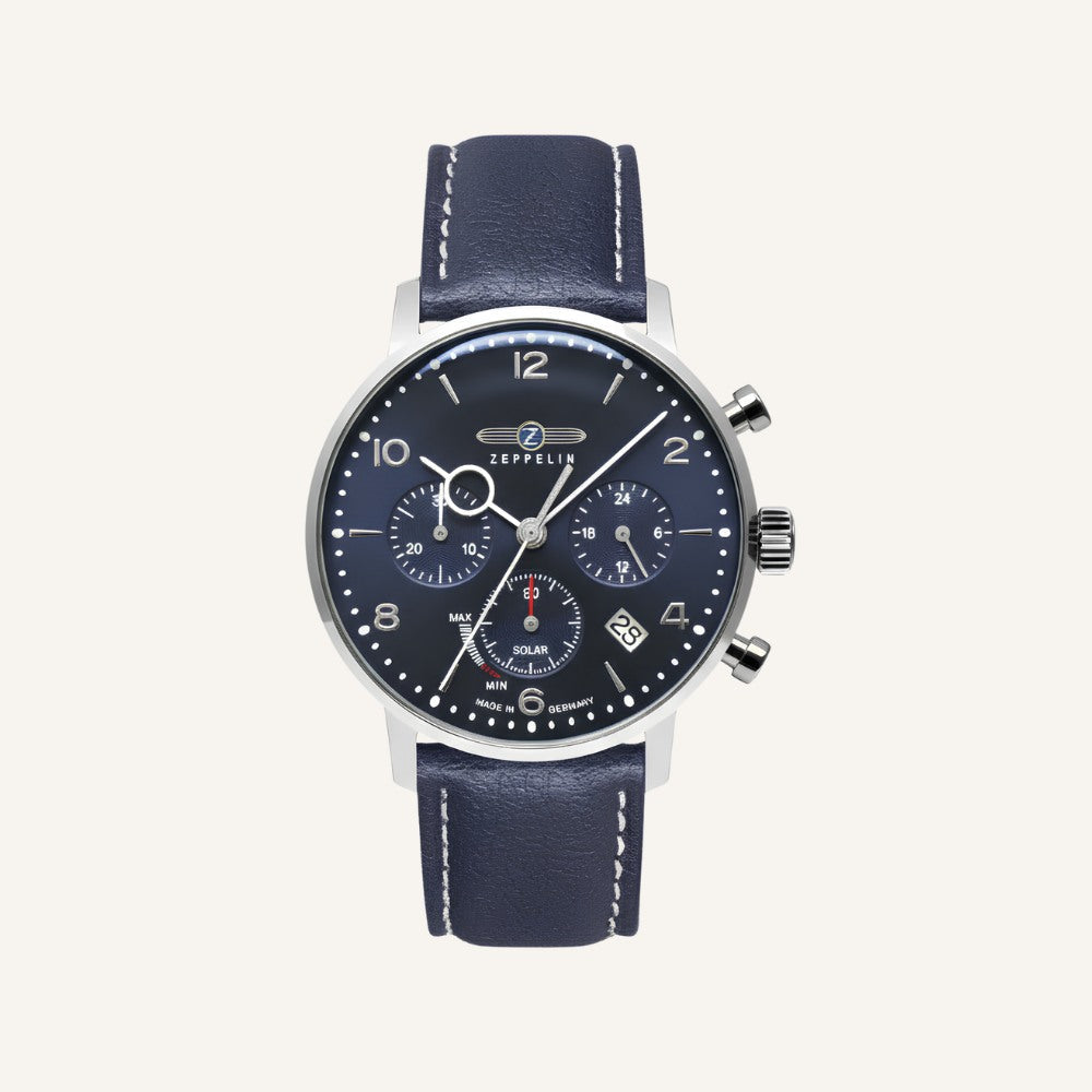 St. Martin Co Navy Dial Solar Chronograph Leather Watch — front view