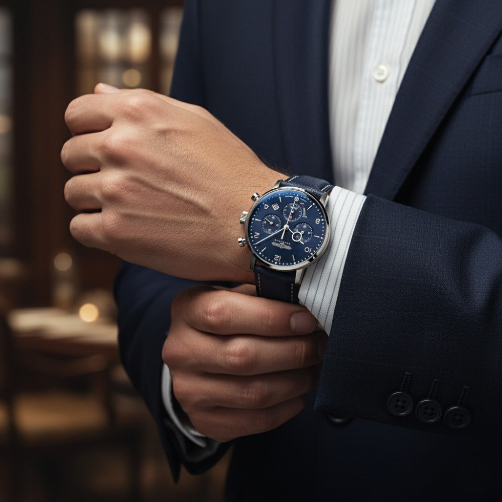 St. Martin Co Navy Dial Solar Chronograph Leather Watch — back view