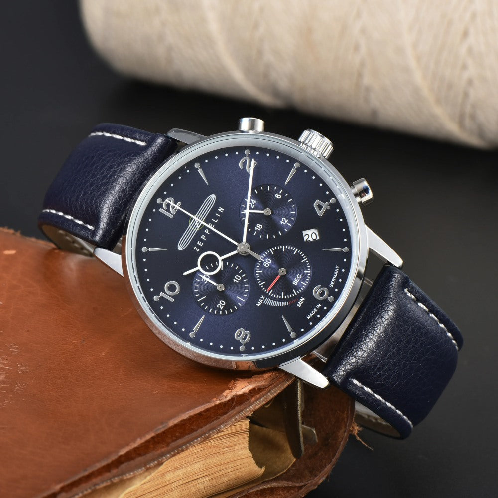 St. Martin Co Navy Dial Solar Chronograph Leather Watch — side view
