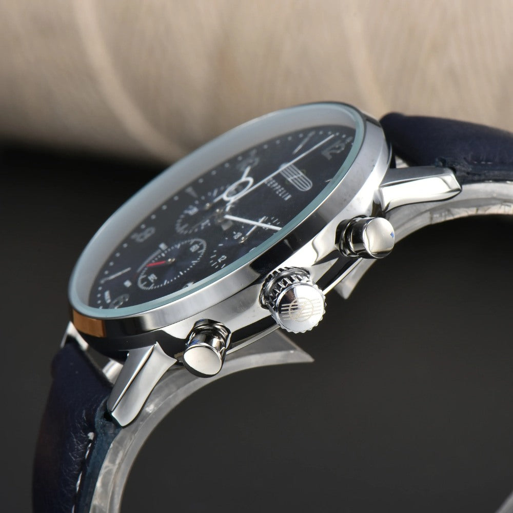 St. Martin Co Navy Dial Solar Chronograph Leather Watch — lifestyle view