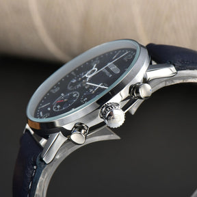 St. Martin Co Navy Dial Solar Chronograph Leather Watch — lifestyle view