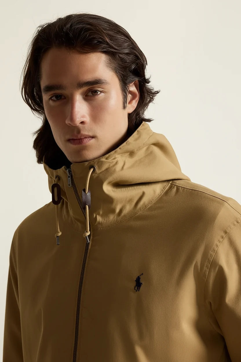 St. Martin Co RL Tan Hooded Cotton Twill Zip Jacket — lifestyle view