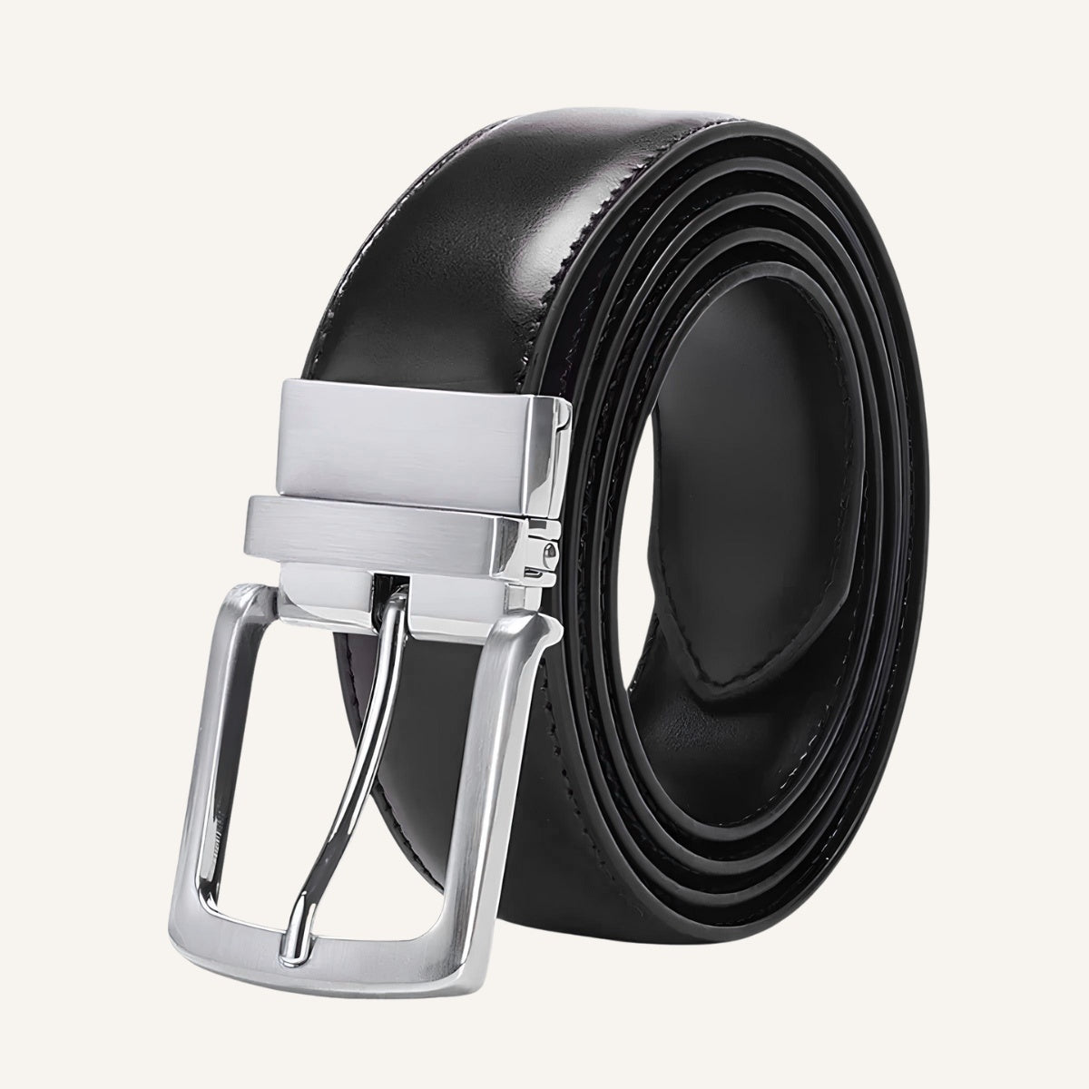 St. Martin Co Reversible Leather Belt Brushed Silver Buckle — detail view