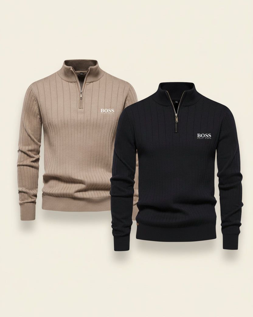 St. Martin Co HB Ribbed Quarter-Zip Black Knit — lifestyle view