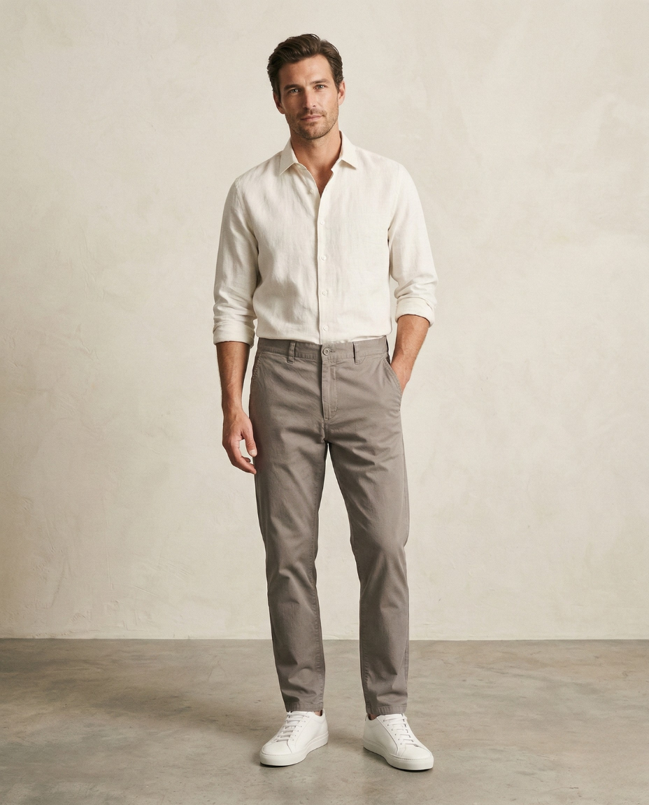 St. Martin Co Tapered Greige Cotton Chino Trousers — front view