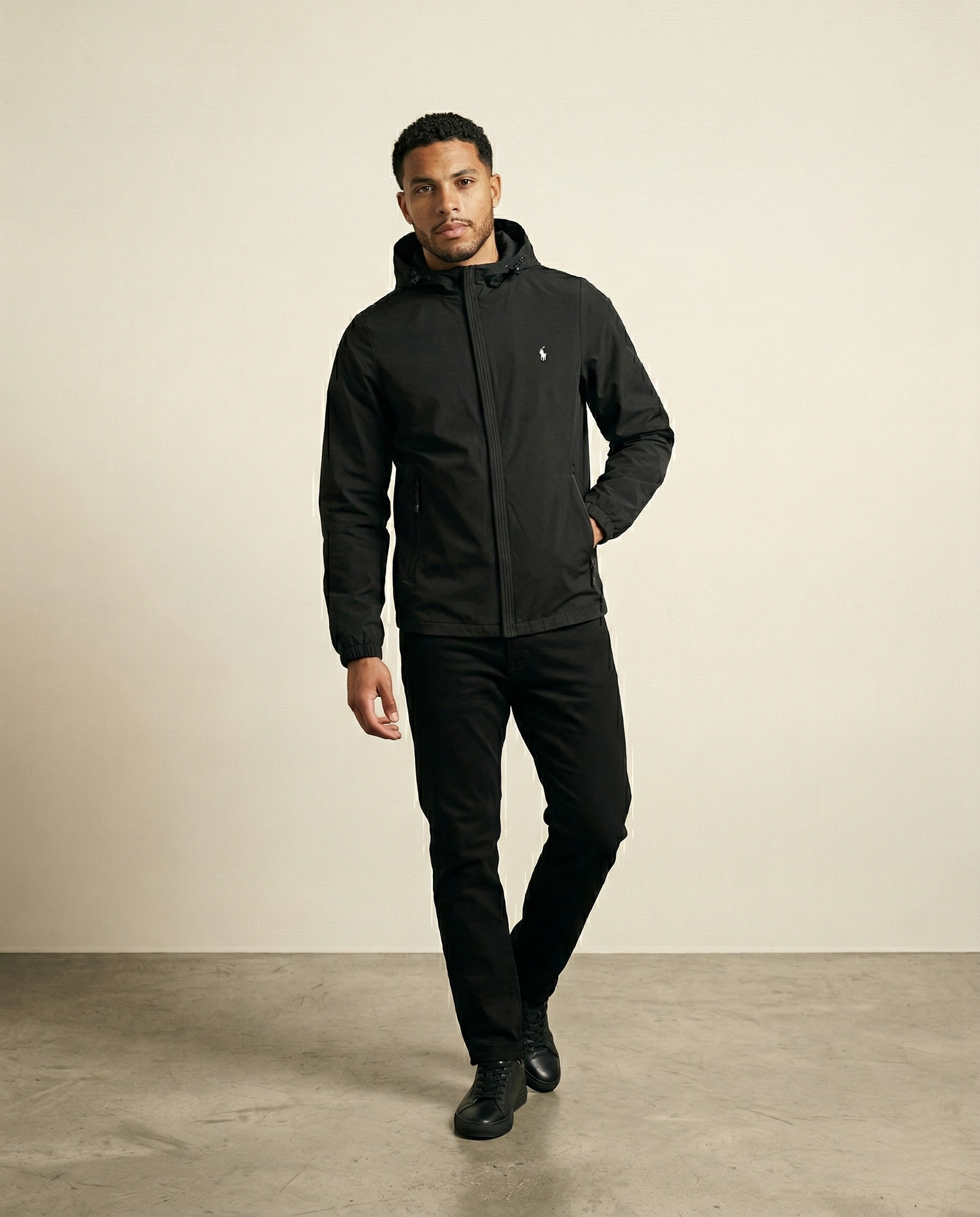 St. Martin Co Black Hooded Windbreaker Jacket — back view