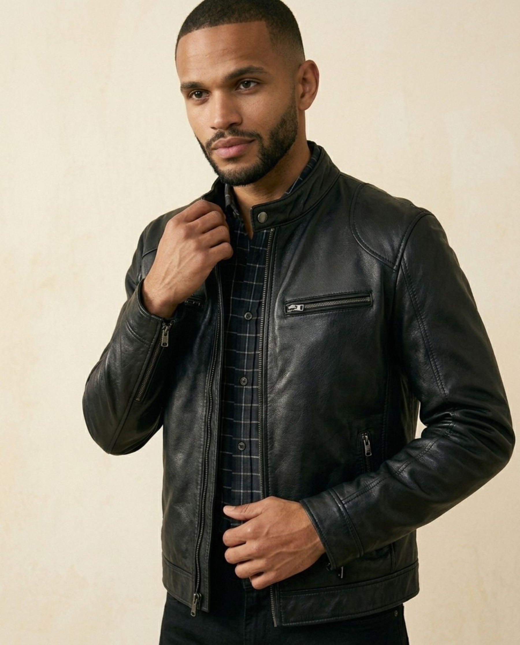 St. Martin Co Black Leather Cafe Racer Jacket — side view