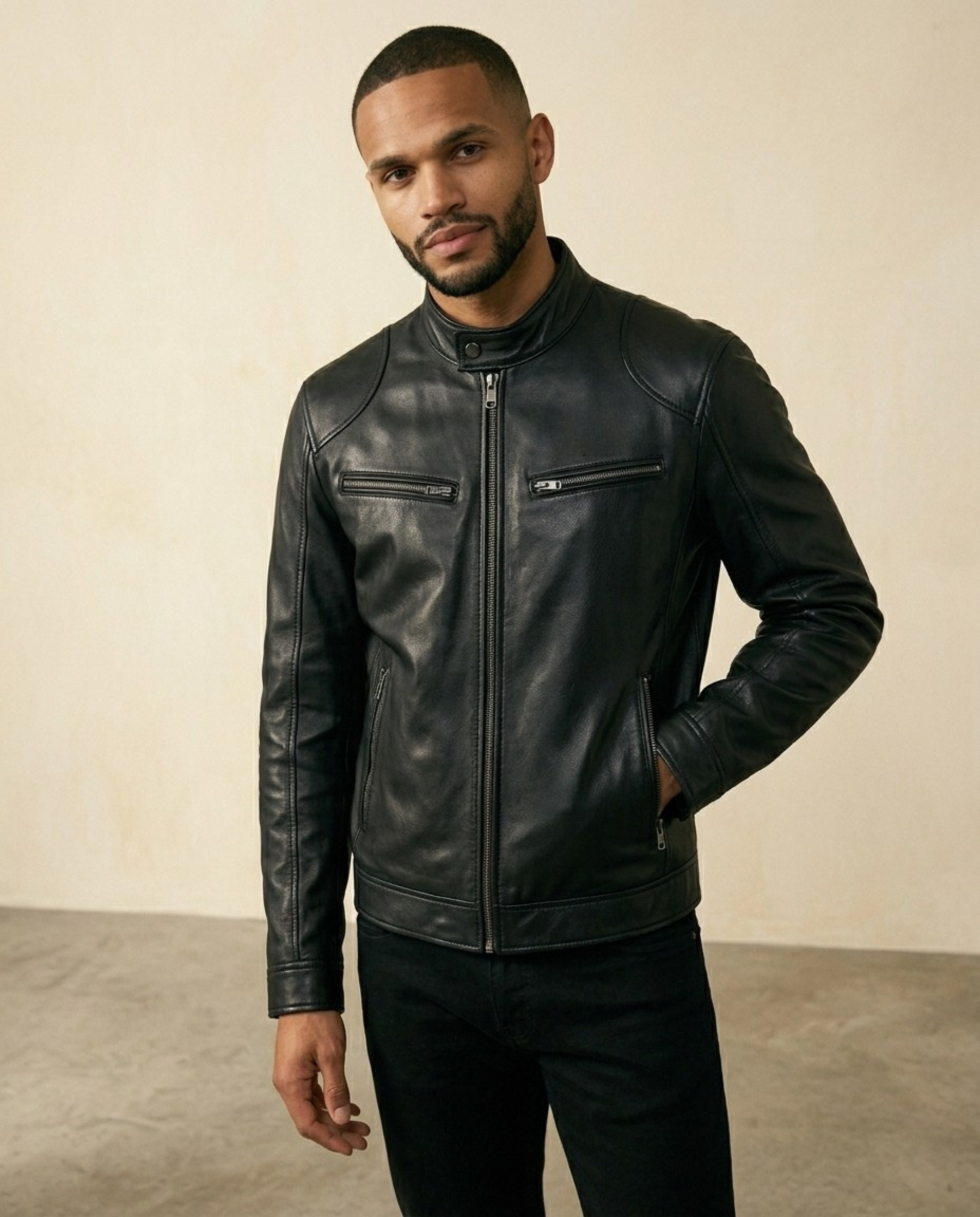 St. Martin Co Black Leather Cafe Racer Jacket — detail view