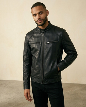 St. Martin Co Black Leather Cafe Racer Jacket — detail view