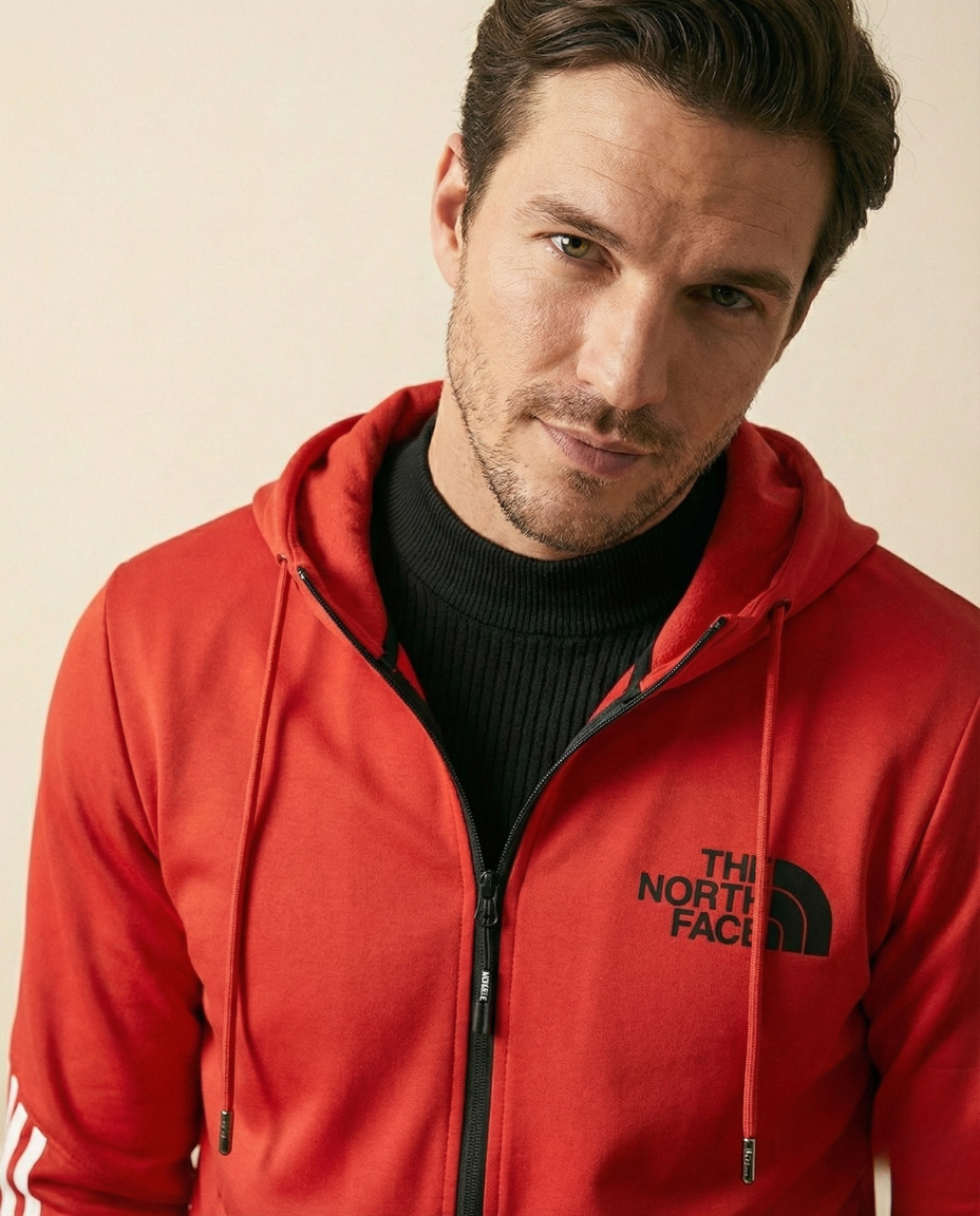 St. Martin Co TNF Red Track Zip Hoodie with Stripe Sleeves — side view