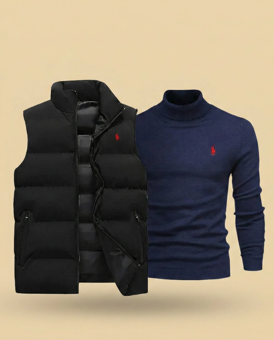 St. Martin Co RL Navy Gilet & Grey Roll-Neck Set — detail view