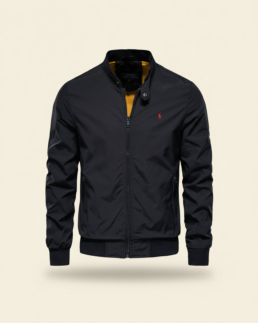 St. Martin Co Black Bomber Jacket Mustard-Lined Shell — front view