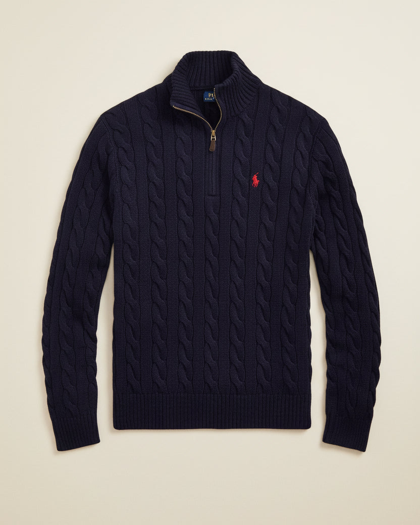 St. Martin Co RL Navy Cable Half-Zip Knit — detail view