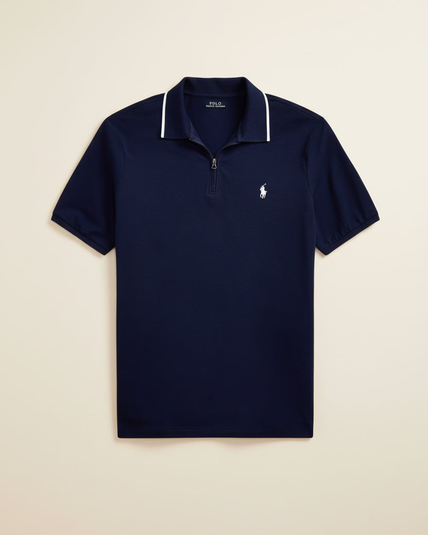 St. Martin Co RL Navy Zip-Collar Cotton Piqué Polo — detail view