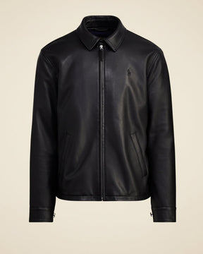 St. Martin Co RL Black Leather Collared Harrington Jacket — detail view