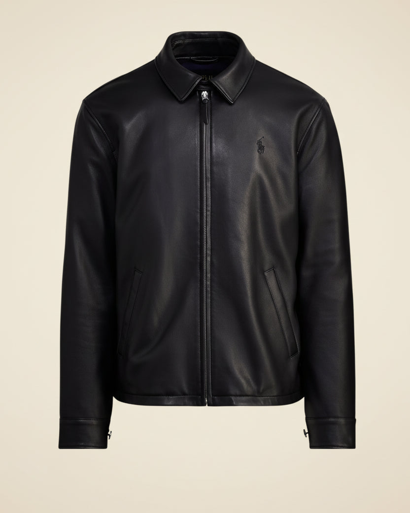 St. Martin Co RL Black Leather Collared Harrington Jacket — detail view